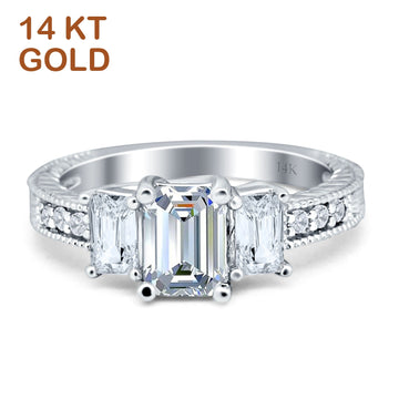 Three Stone Round Emerald Cut CZ Gold Ring